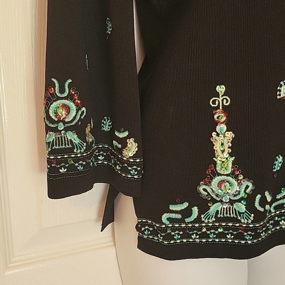 Vintage Joseph A. Petite blouse black embroidery 3/4 sleeve Women's M - Picture 4 of 9